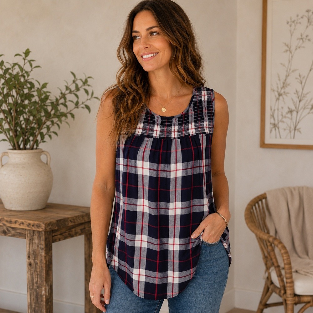 Knox Rose Plaid Sleeveless Top Blouse XL Navy Red Smocked Yoke‎ Country Boho